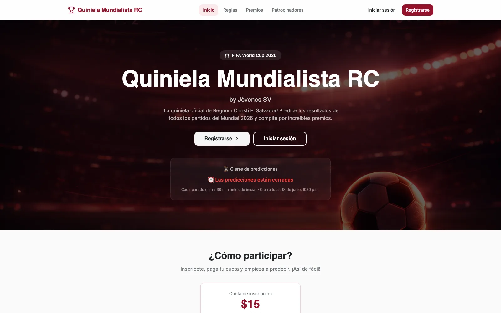 Screenshot of the Quiniela RC website, an online sports-pool and raffle app
